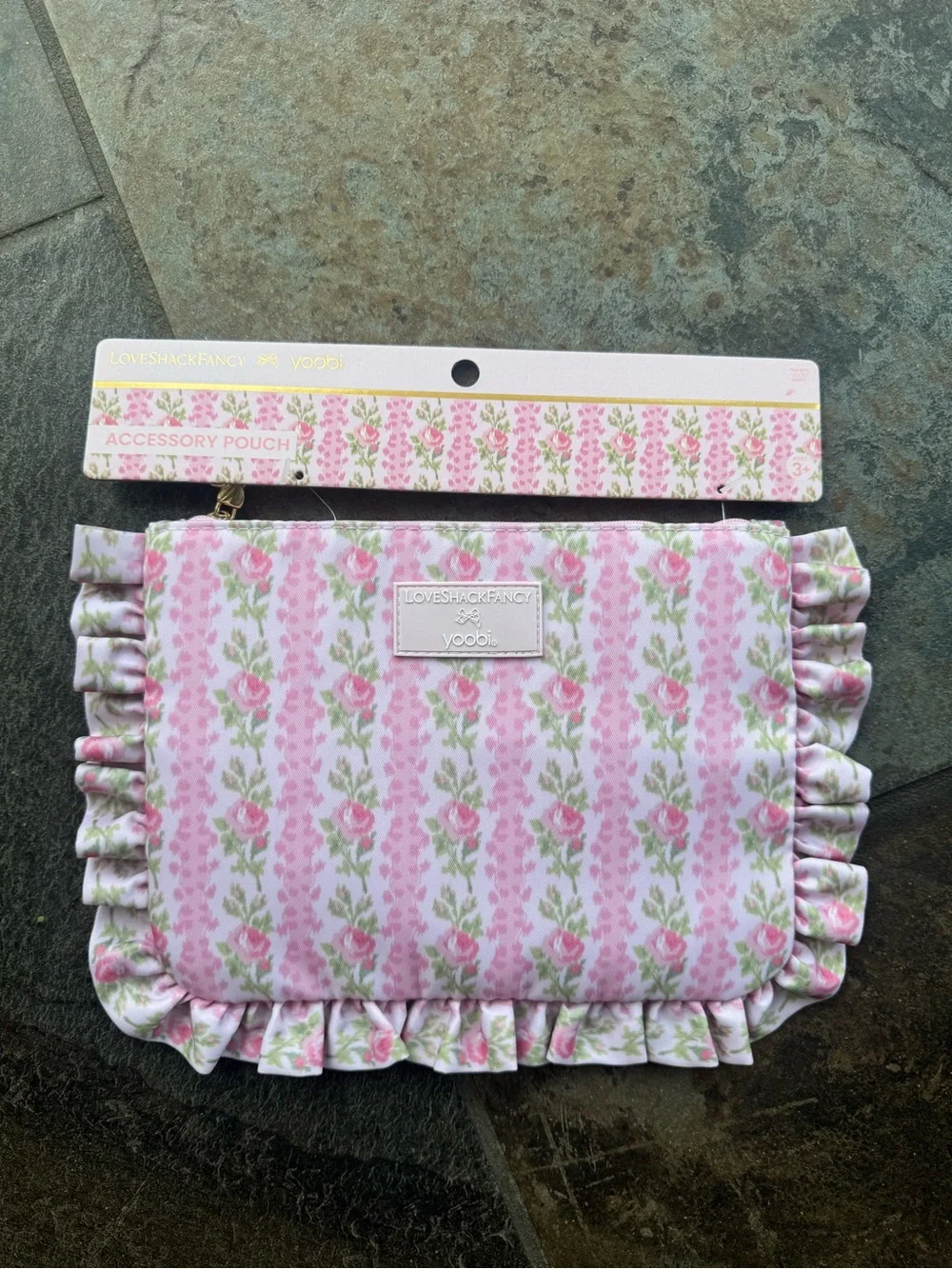 LoveShackFancy Kids Floral Ruffle Accessory Pouch — Pink & White